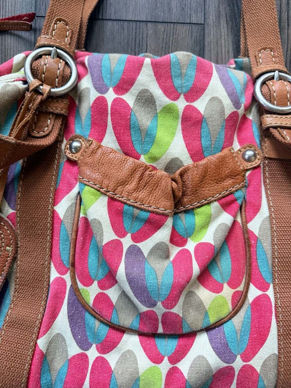 Vintage Y2K Fossil Key-Per Canvas and Leather Multi-Color Patterned Weekender Ba - Picture 3 of 6